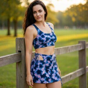 One By One ✦ Purple Black Tie Dye Crop Top & Cutout Mini Skirt Set ✦ Size M NWT